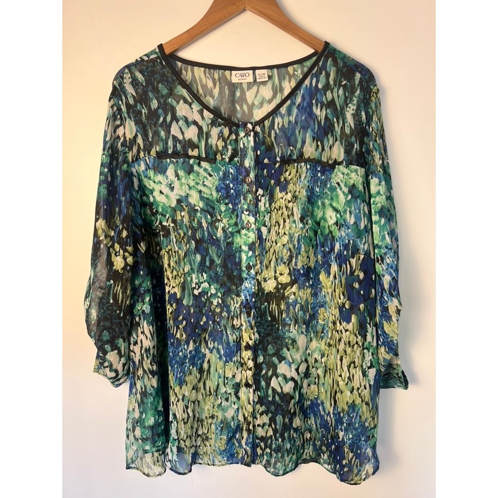 Cato 22/24 W Abstract Print Roll Tab Sleeve Button Front Blouse Blue Green